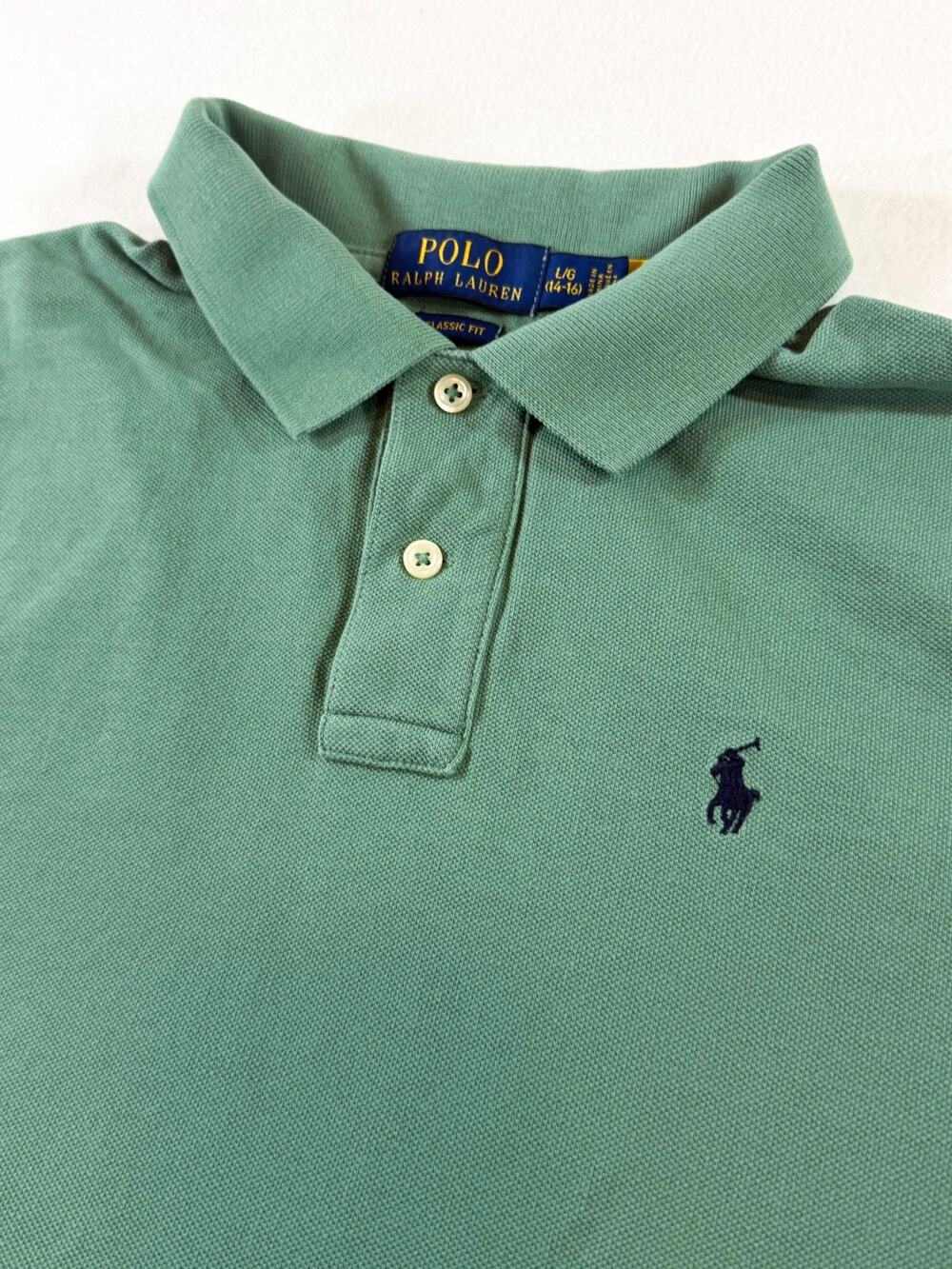 Polo Ralph Lauren Boys L 14-16 Green Classic Fit Mesh Polo Shirt Navy Pony